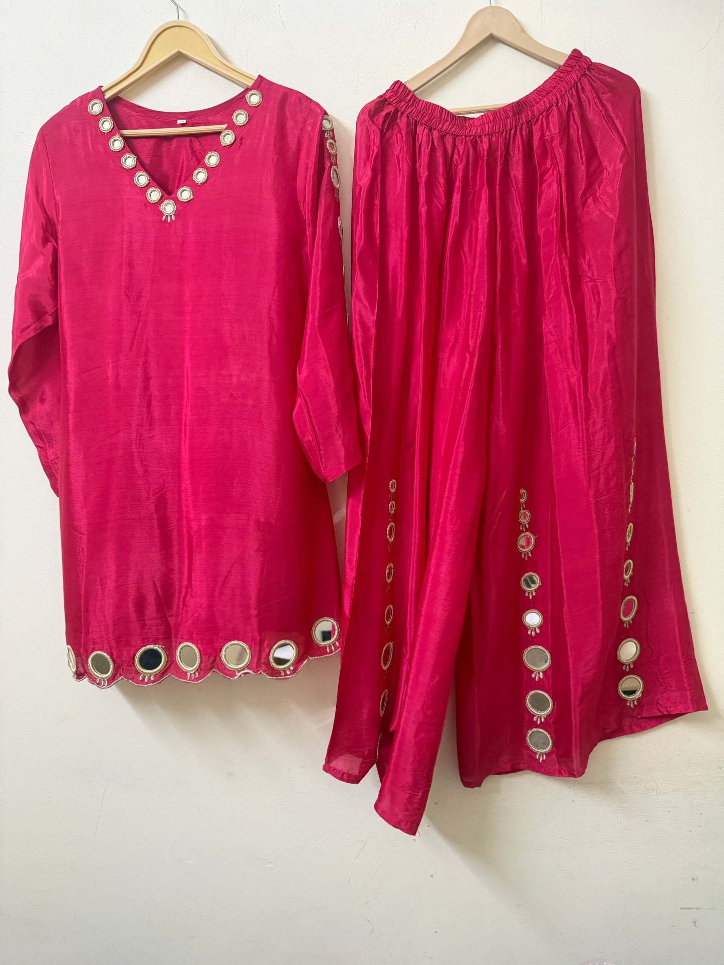 Hot Pink Mirror Work Kurta Palazzo Set | Silk Blend Ethnic Wear | Sizes 40–46