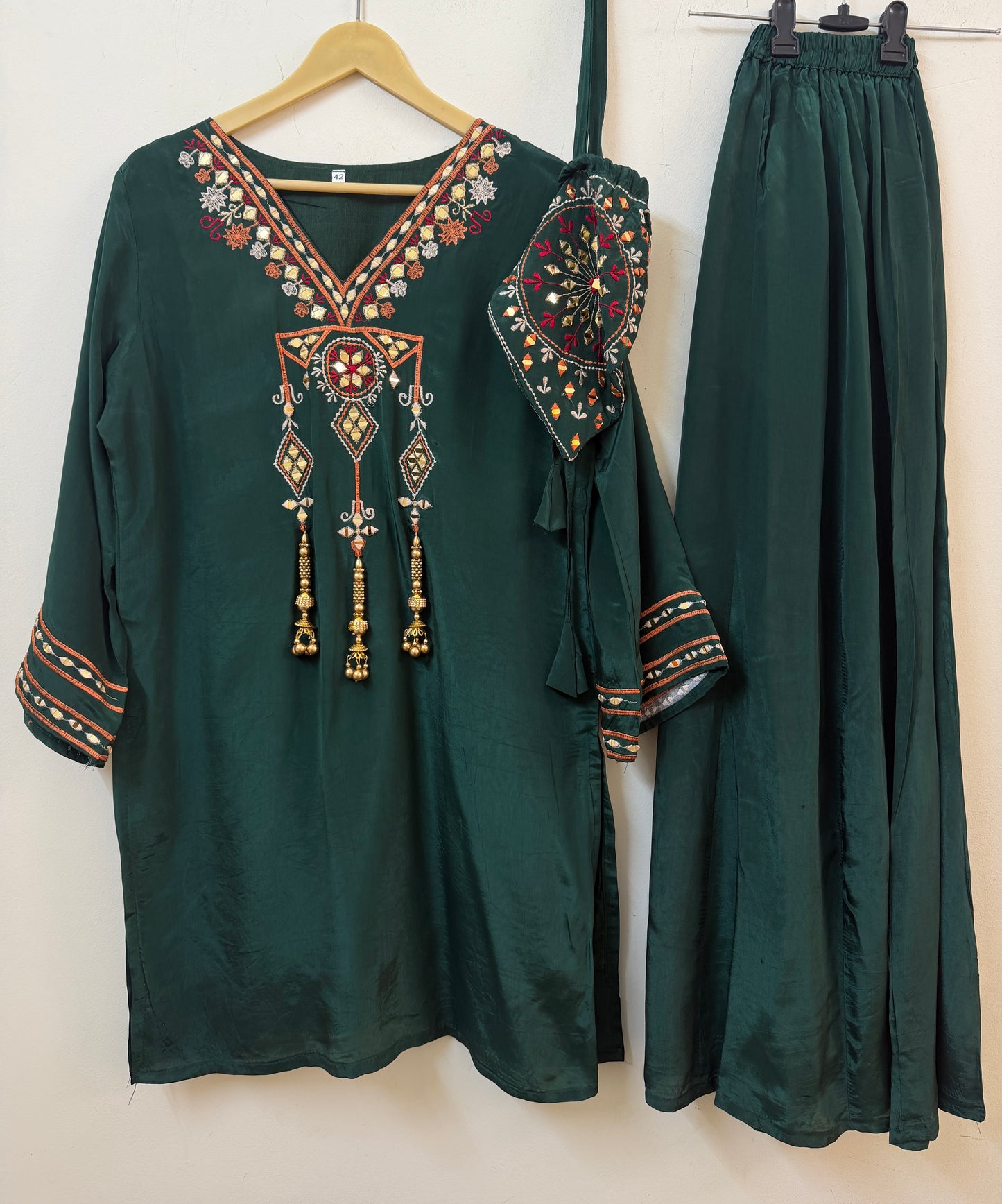 Bottle Green Embroidered Kurta with Palazzo & Potli Bag | Ethnic Wear | Sizes 40–46