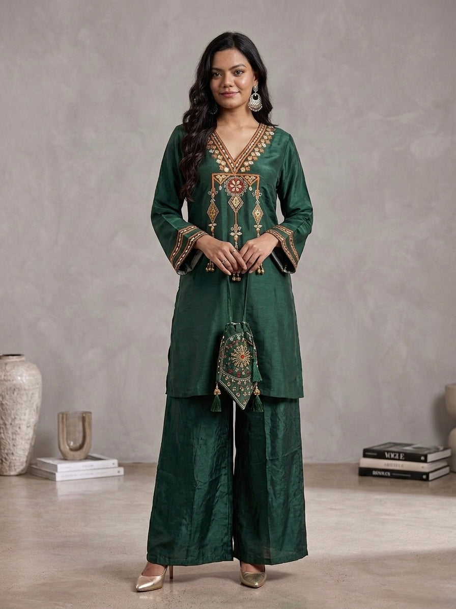 Bottle Green Embroidered Kurta with Palazzo & Potli Bag | Ethnic Wear | Sizes 40–46
