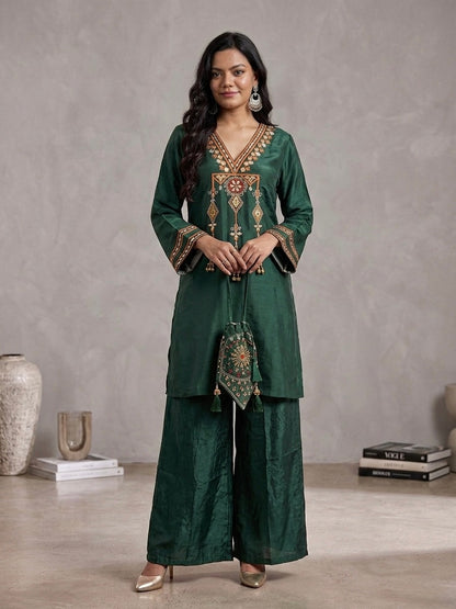 Bottle Green Embroidered Kurta with Palazzo & Potli Bag | Ethnic Wear | Sizes 40–46