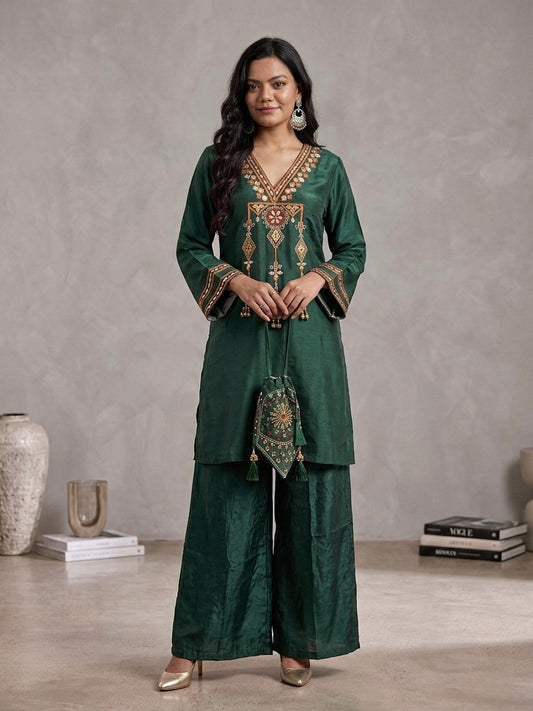 Bottle Green Embroidered Kurta with Palazzo & Potli Bag | Ethnic Wear | Sizes 40–46