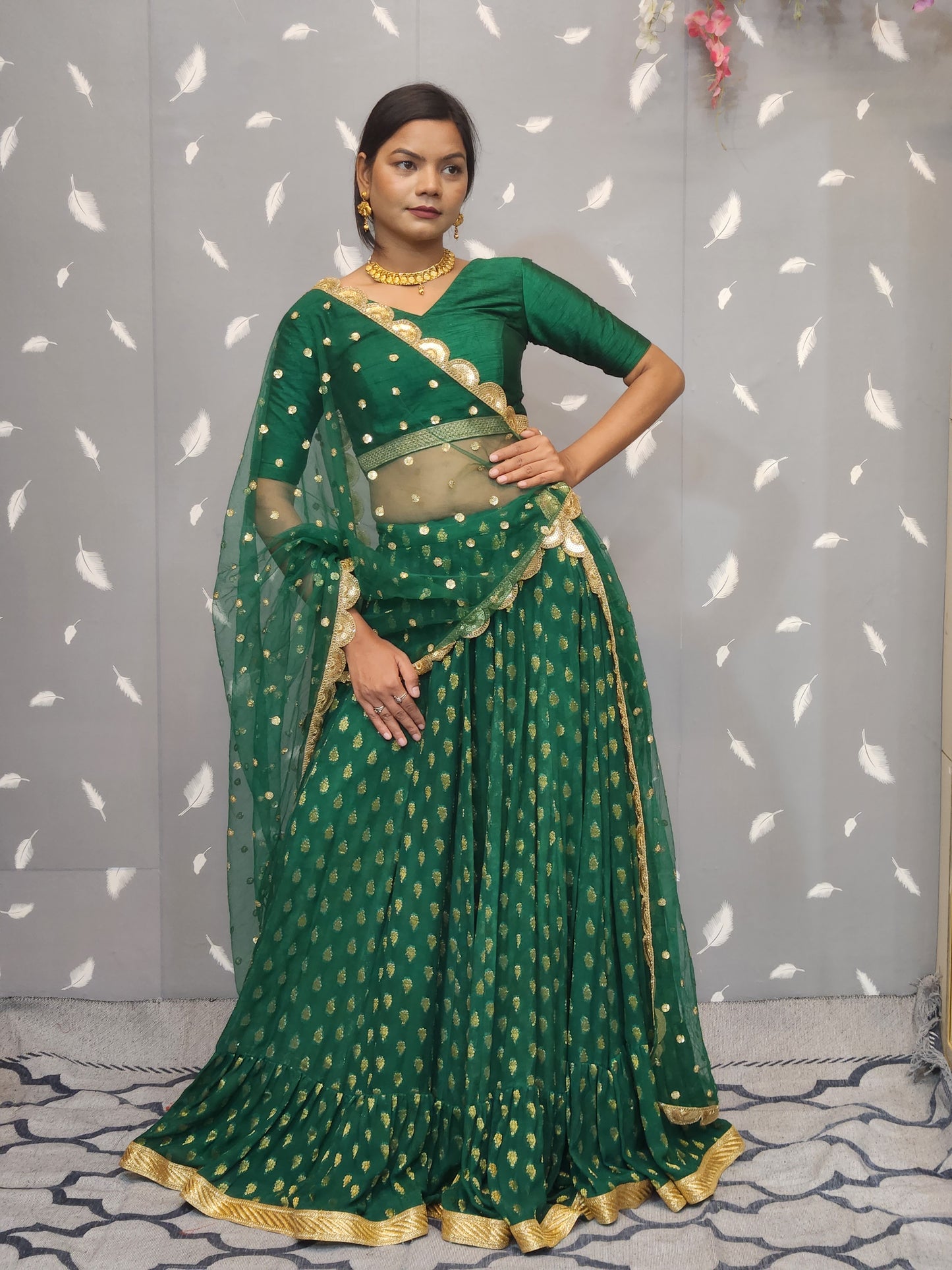Indian Designer Green Embroidered Lehenga Choli Dupatta
