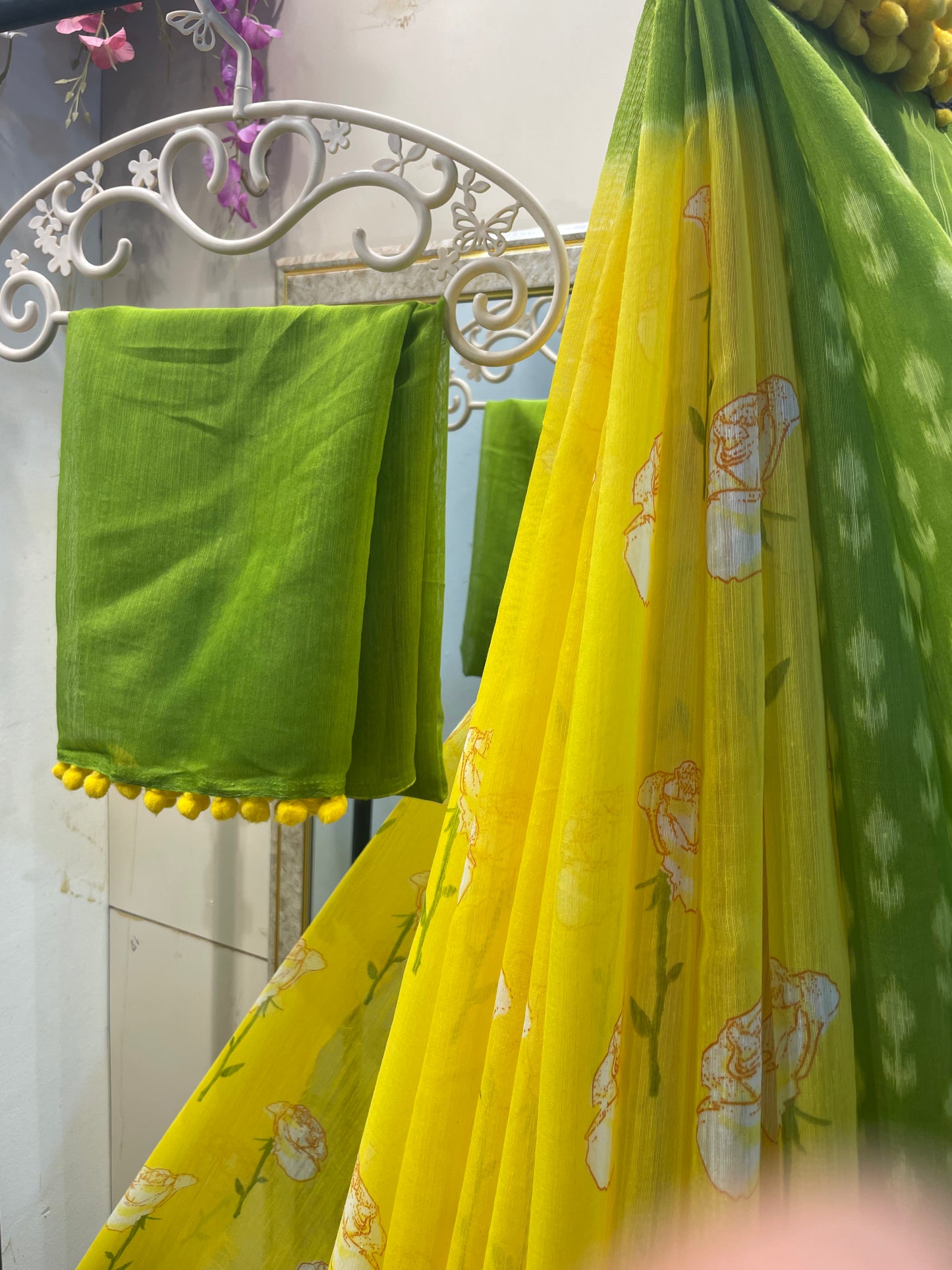 Lemon yellow cotton saree blouse for women