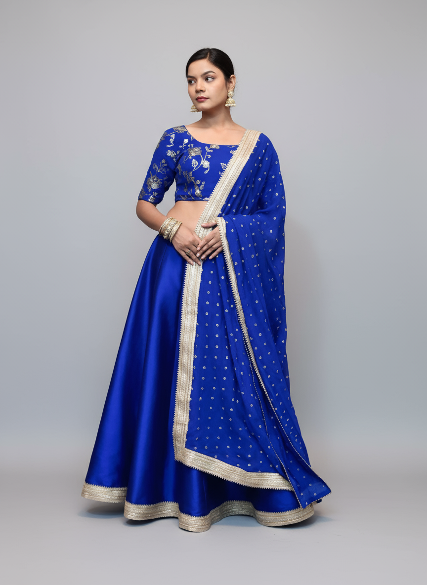 Royal Blue Raw Silk Lehenga with Embroidered Georgette Blouse & Dupatta