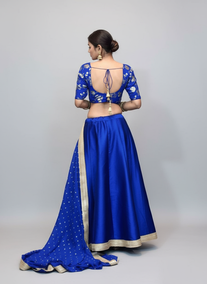 Royal Blue Raw Silk Lehenga with Embroidered Georgette Blouse & Dupatta