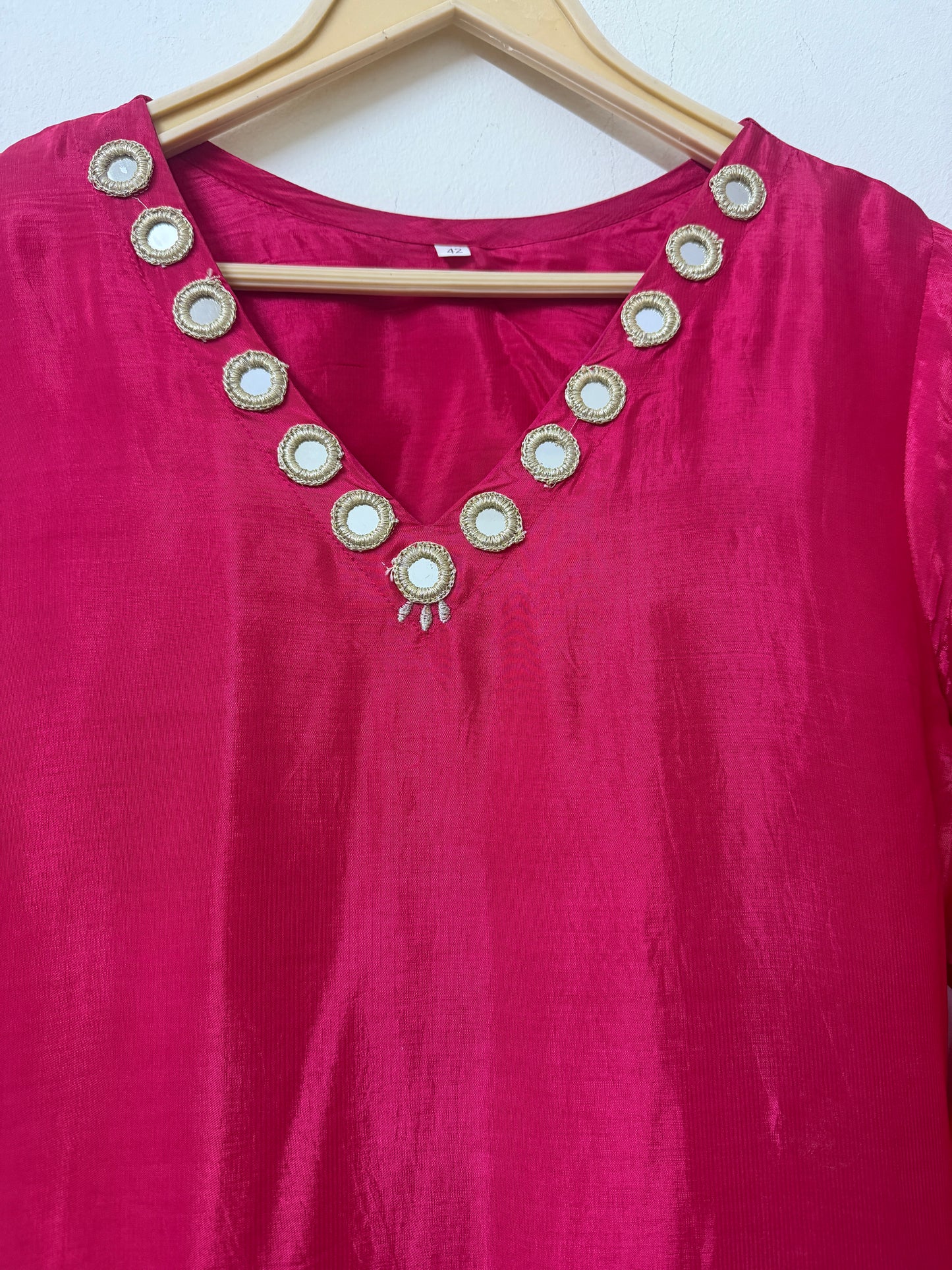 Hot Pink Mirror Work Kurta Palazzo Set | Silk Blend Ethnic Wear | Sizes 40–46