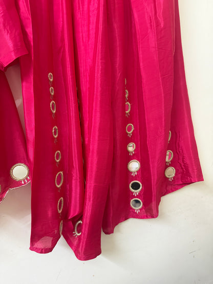 Hot Pink Mirror Work Kurta Palazzo Set | Silk Blend Ethnic Wear | Sizes 40–46