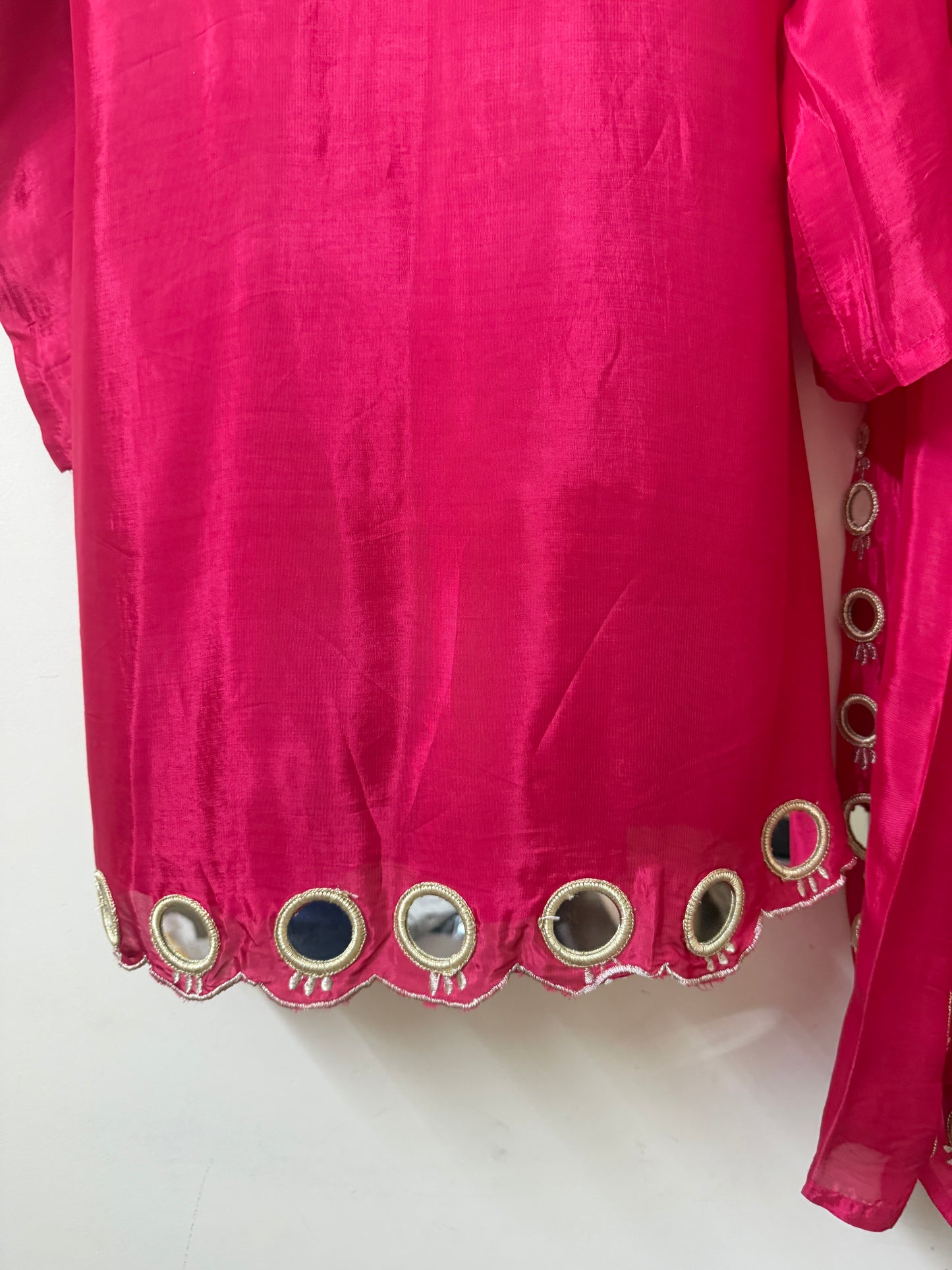 Hot Pink Mirror Work Kurta Palazzo Set | Silk Blend Ethnic Wear | Sizes 40–46