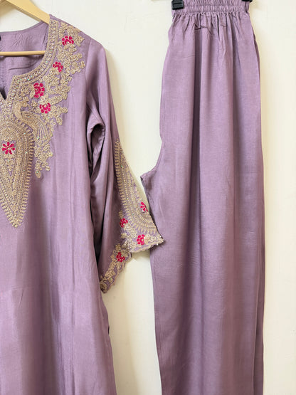 Mauve Kaftan Style Muslin Outfit with Potli Bag | Ethnic Wear | Sizes 40–46