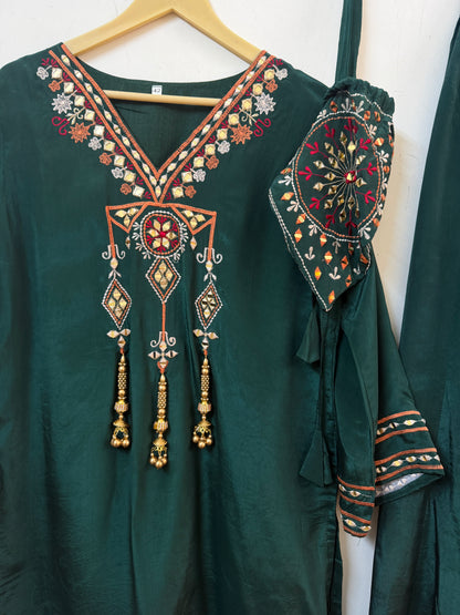 Bottle Green Embroidered Kurta with Palazzo & Potli Bag | Ethnic Wear | Sizes 40–46