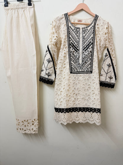 Cream Schiffli Kurta with Pants | Mirror Work Embroidery | Ethnic Wear | Sizes 40–46