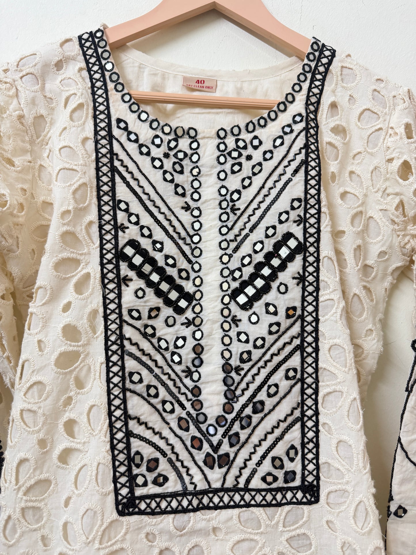Cream Schiffli Kurta with Pants | Mirror Work Embroidery | Ethnic Wear | Sizes 40–46