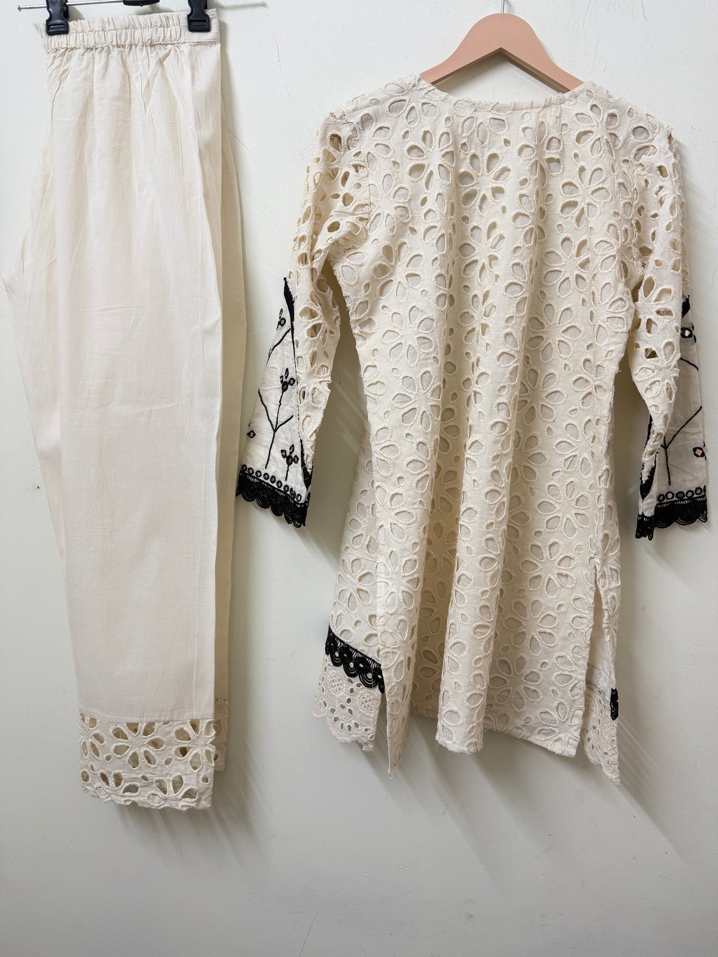 Cream Schiffli Kurta with Pants | Mirror Work Embroidery | Ethnic Wear | Sizes 40–46