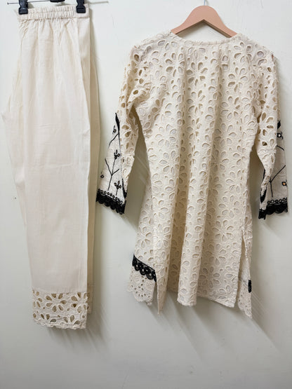 Cream Schiffli Kurta with Pants | Mirror Work Embroidery | Ethnic Wear | Sizes 40–46