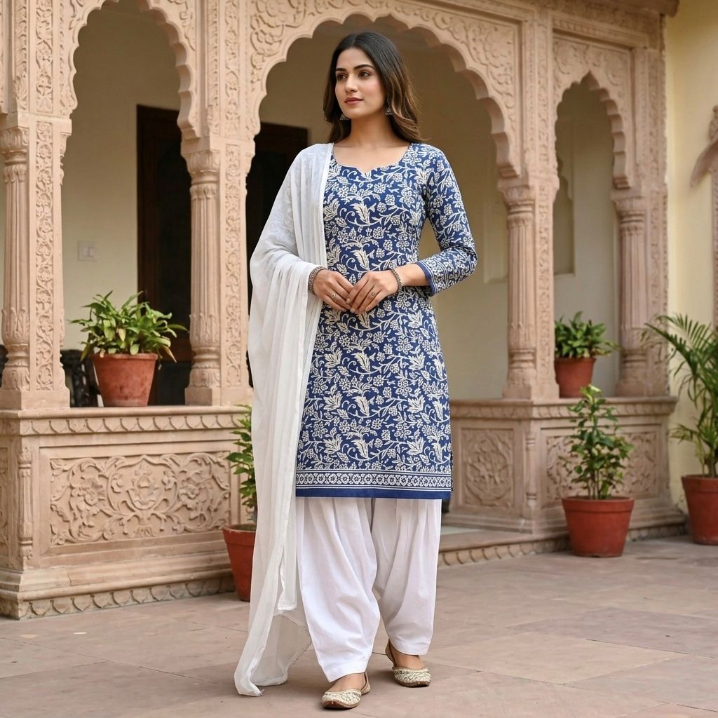 Navy Blue Floral Print Cotton Patiala Salwar Kameez Set with Dupatta