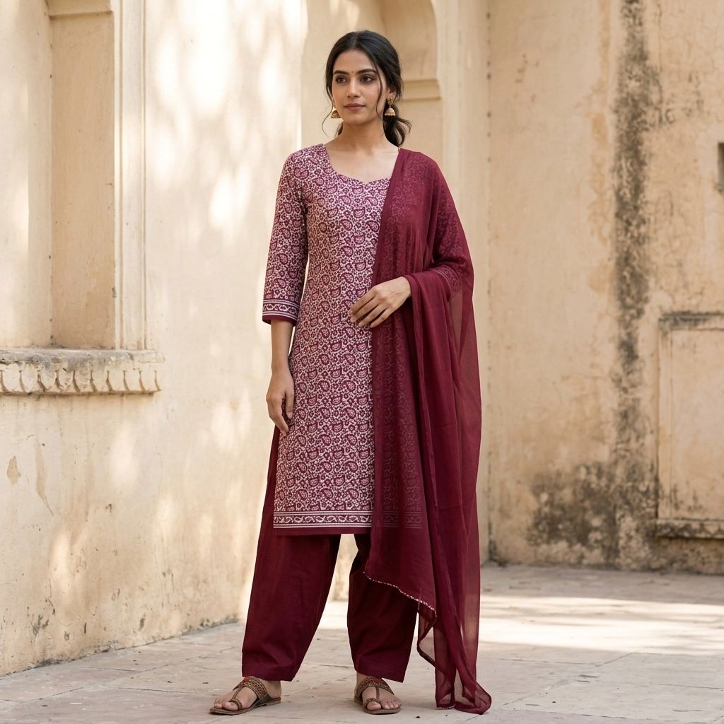 Wine Red Block Print Cotton Patiala Salwar Kameez Set with Dupatta