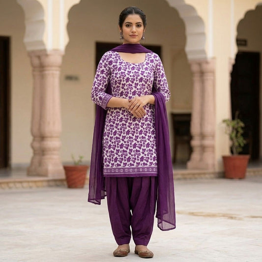 Purple Floral Block Print Cotton Patiala Salwar Kameez Set with Dupatta