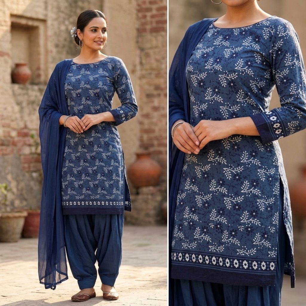 Indigo Blue Pure Cotton Patiala Salwar Kameez Set with Dupatta