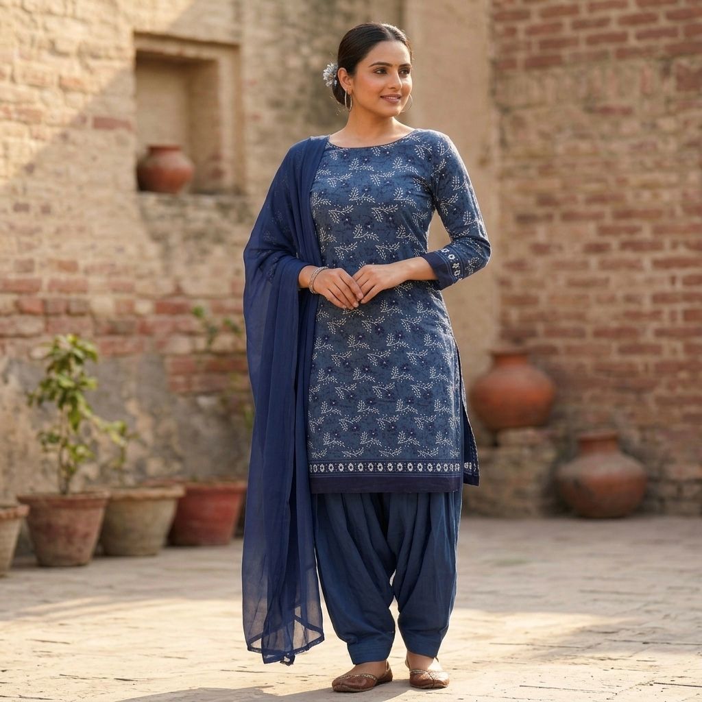 Indigo Blue Pure Cotton Patiala Salwar Kameez Set with Dupatta