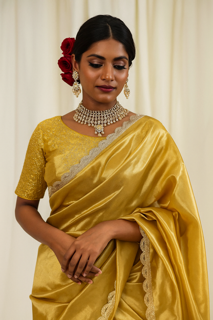 Bridesmaid Saree Blouse Soft Golden Tissue Silk