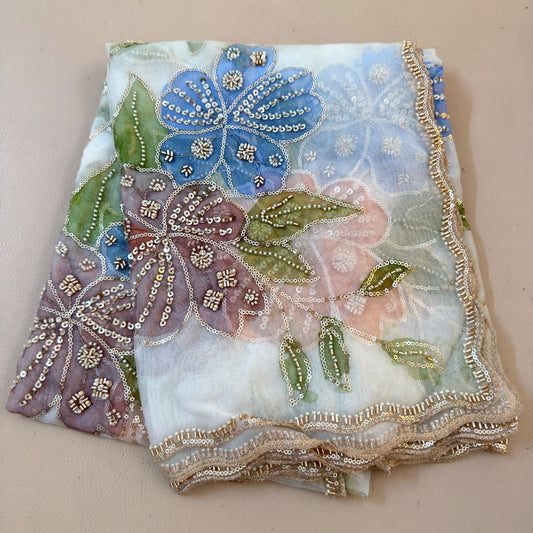 White Florals Sequin Embroidery Organza Dupatta