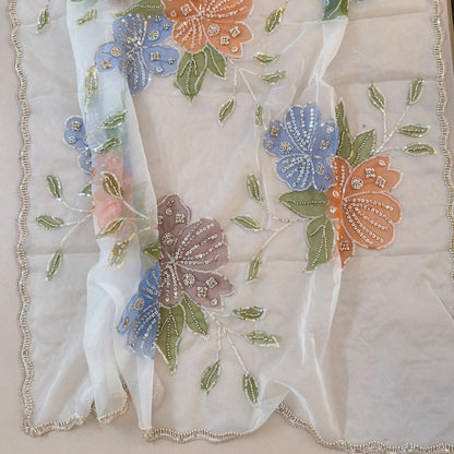 White Florals Sequin Embroidery Organza Dupatta