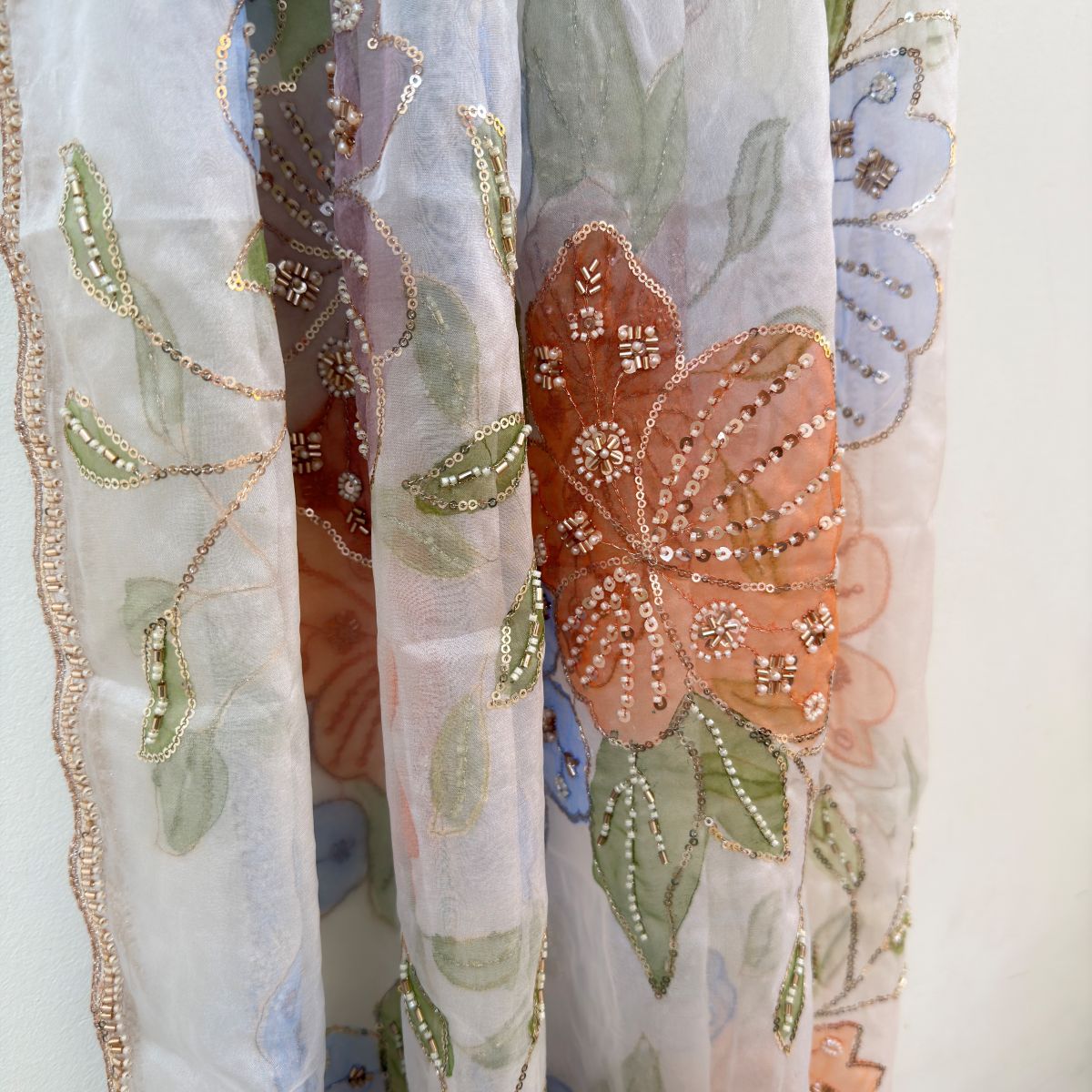 White Florals Sequin Embroidery Organza Dupatta
