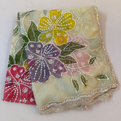 Ivory Floral Embroidered Organza Dupatta