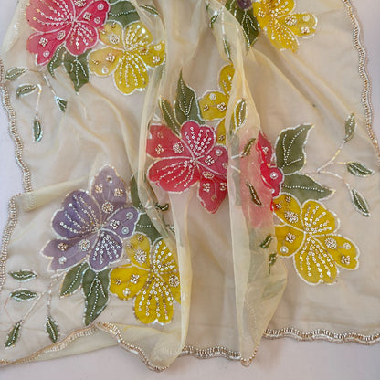 Ivory Floral Embroidered Organza Dupatta