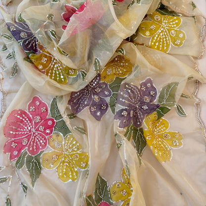 Ivory Floral Embroidered Organza Dupatta