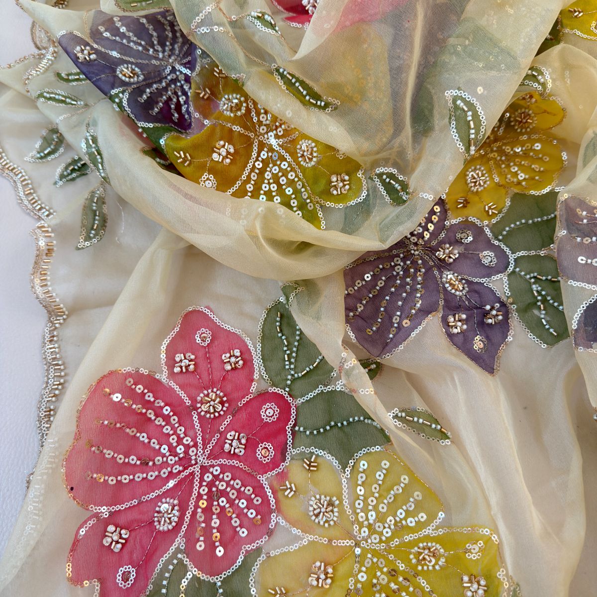 Ivory Floral Embroidered Organza Dupatta