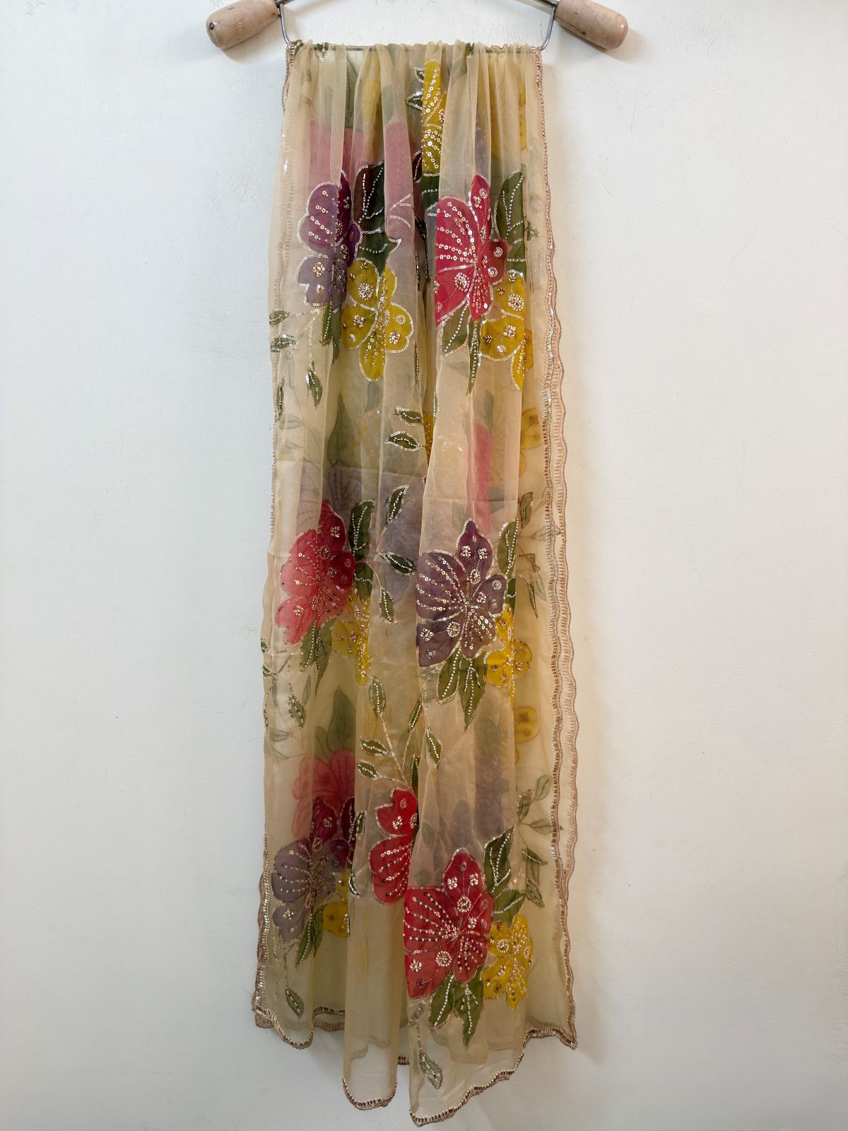 Ivory Floral Embroidered Organza Dupatta