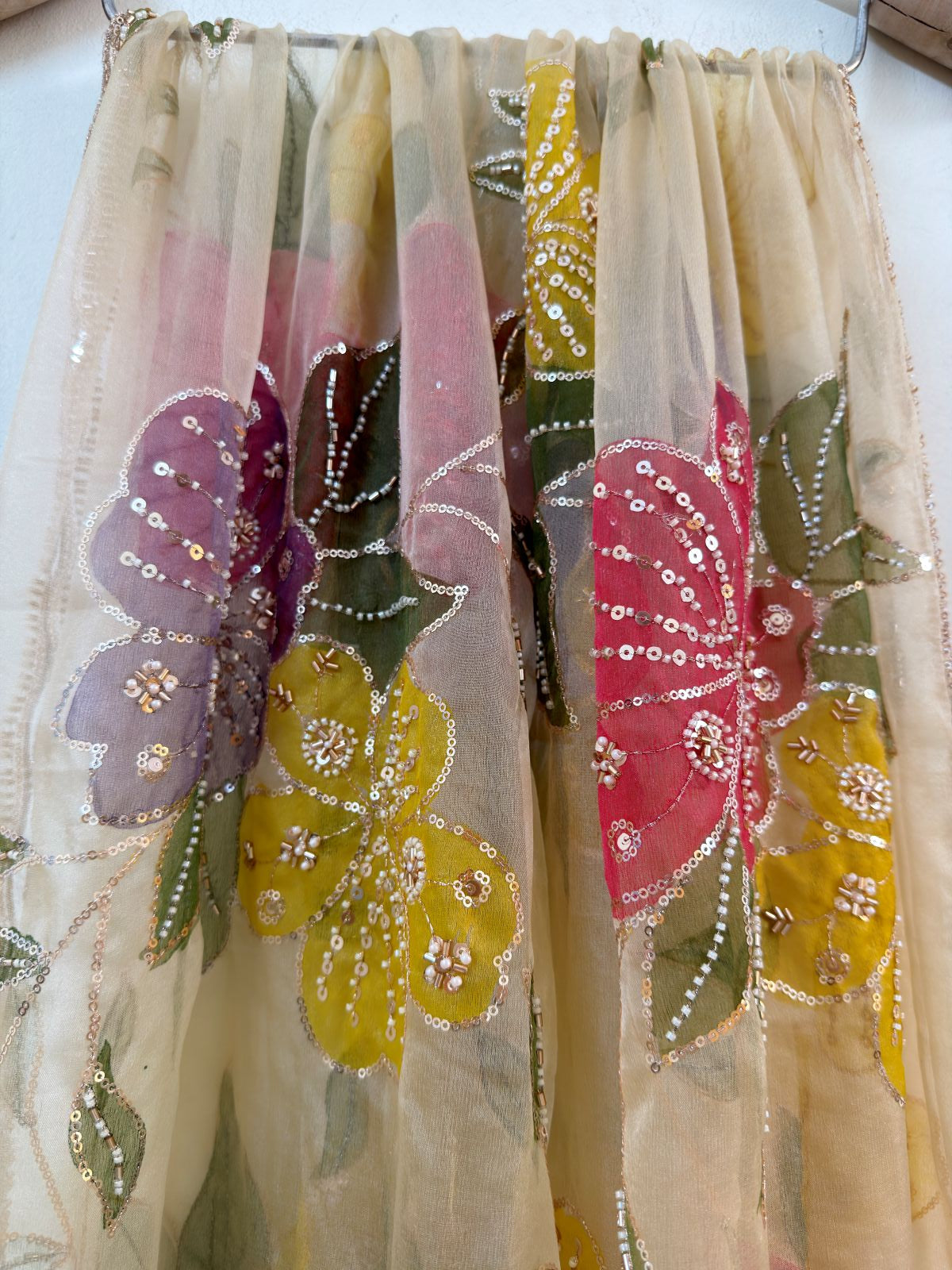 Ivory Floral Embroidered Organza Dupatta