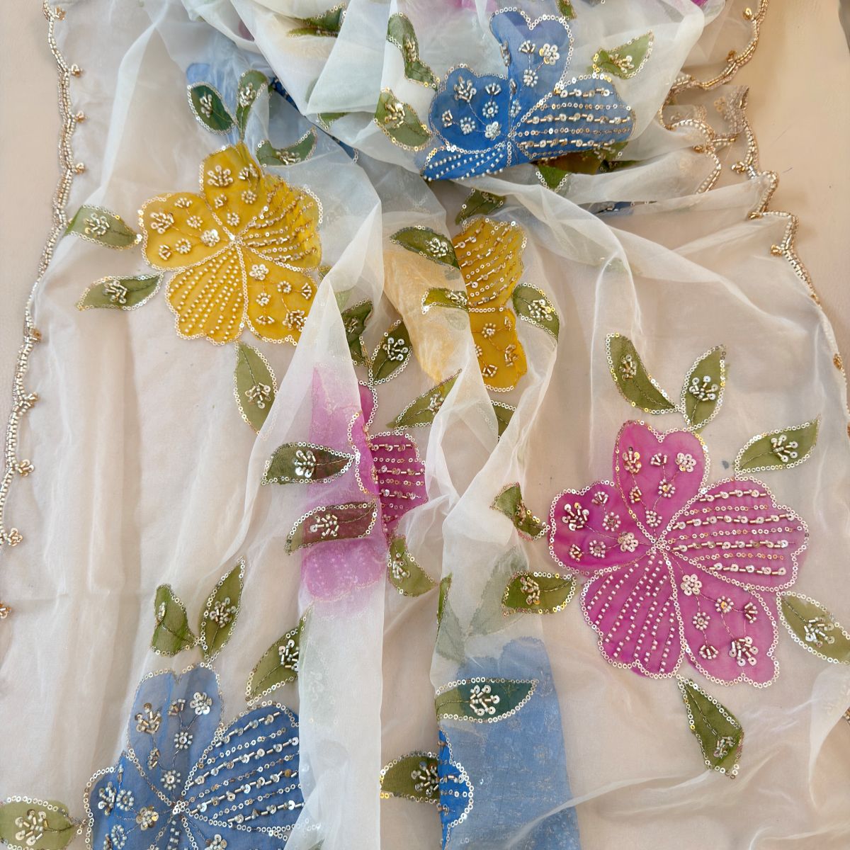 Ivory Organza Florals Sequin Dupatta for women girls