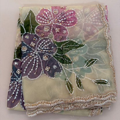 Beige Sequin Floral Organza Dupatta