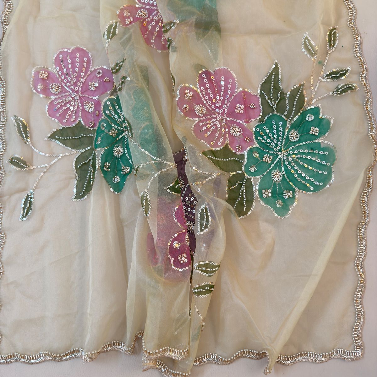 Beige Sequin Floral Organza Dupatta