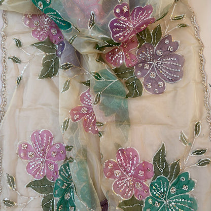 Beige Sequin Floral Organza Dupatta