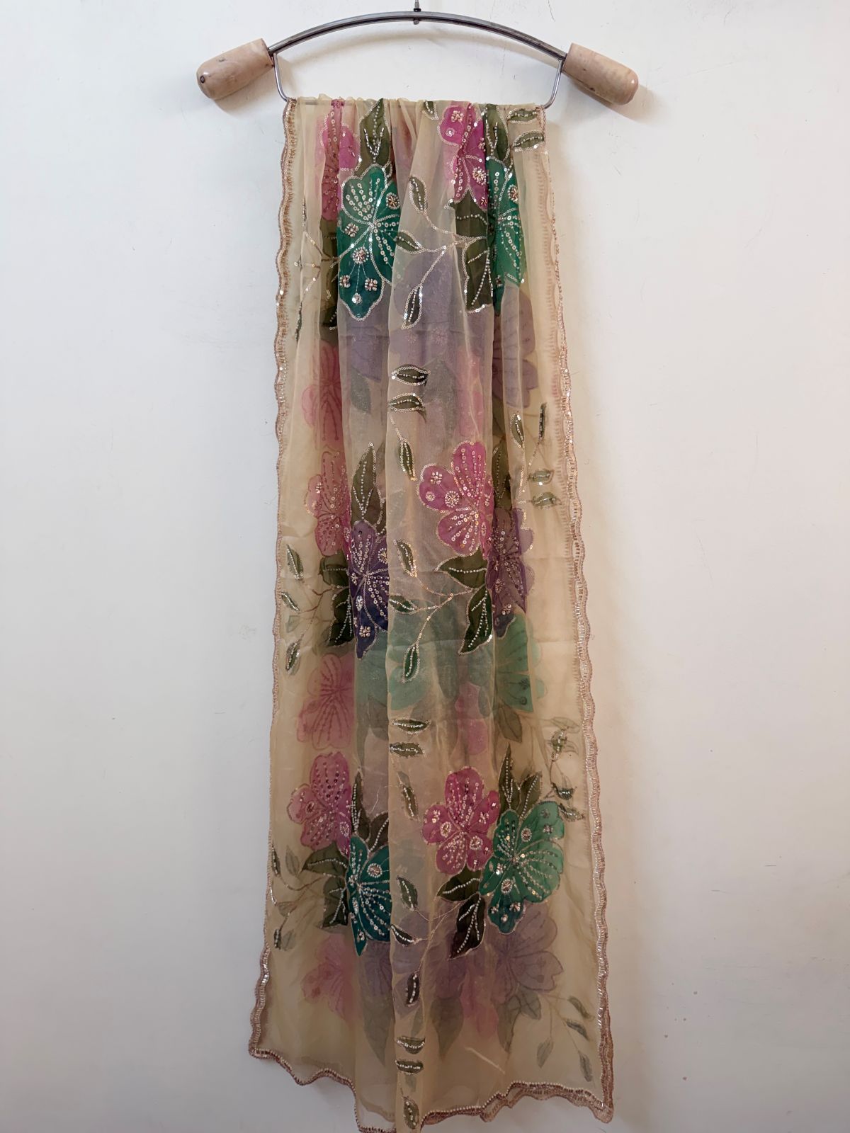 Beige Sequin Floral Organza Dupatta