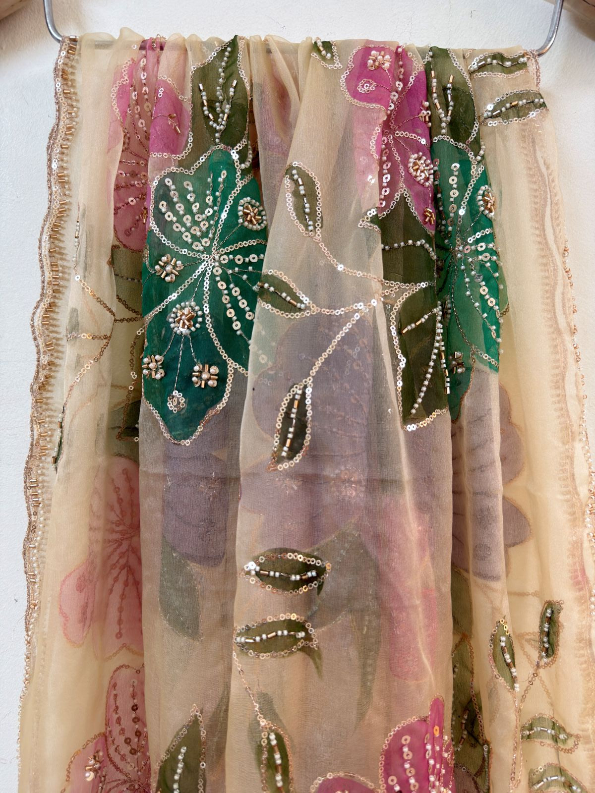 Beige Sequin Floral Organza Dupatta