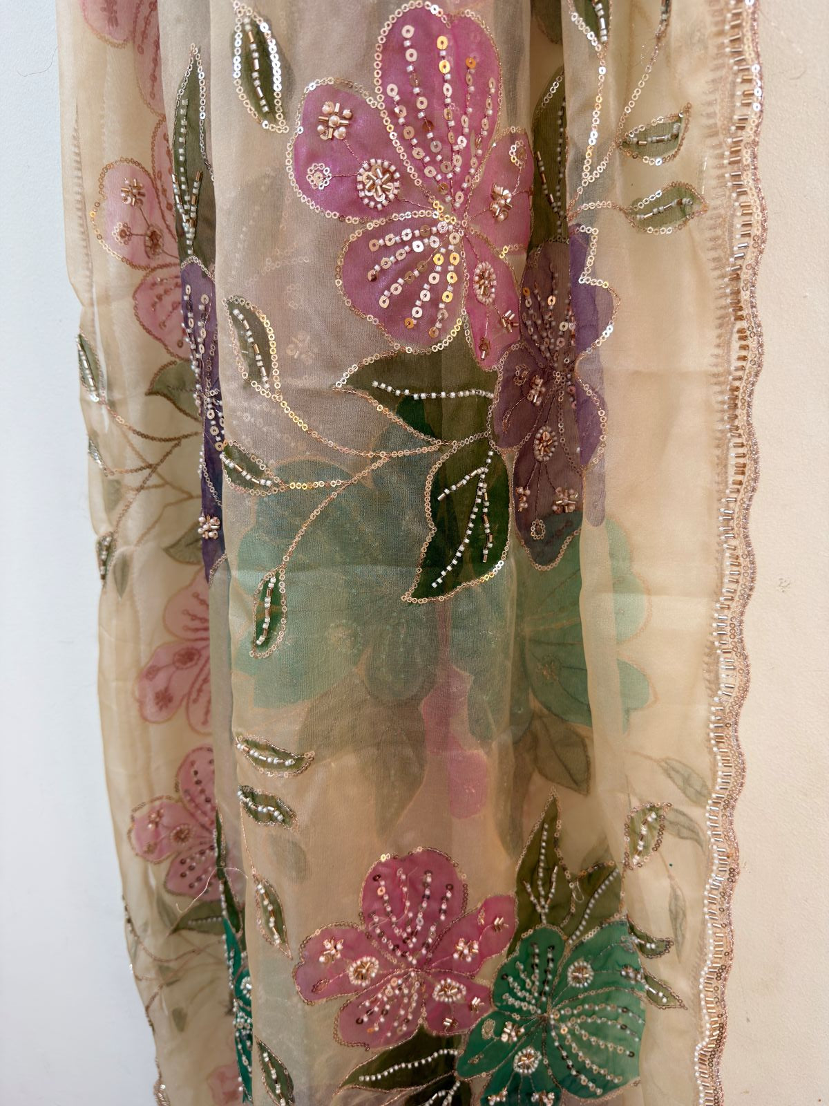 Beige Sequin Floral Organza Dupatta