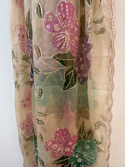 Beige Sequin Floral Organza Dupatta