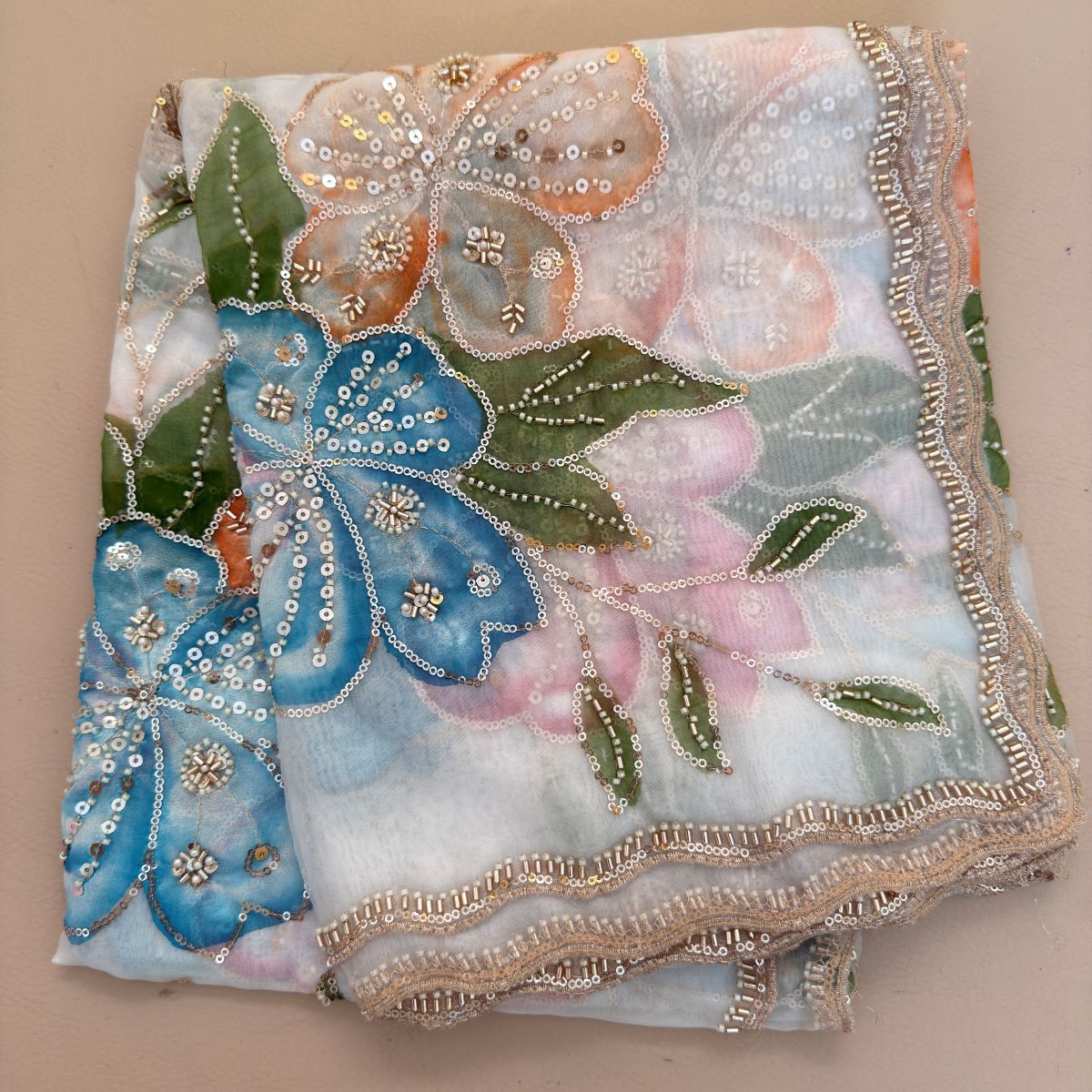 White Floral Sequin Embroidery Organza Dupatta