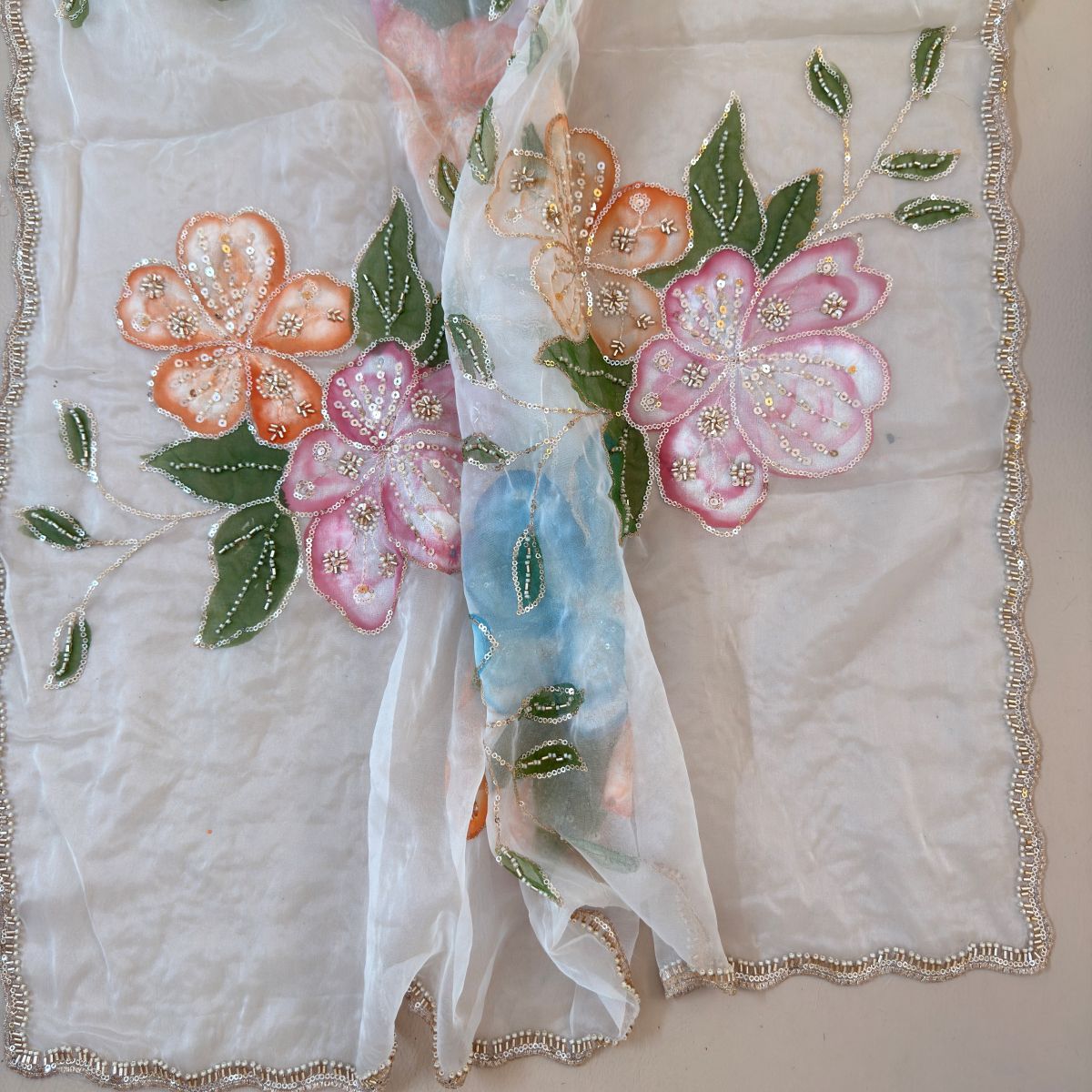 White Floral Sequin Embroidery Organza Dupatta