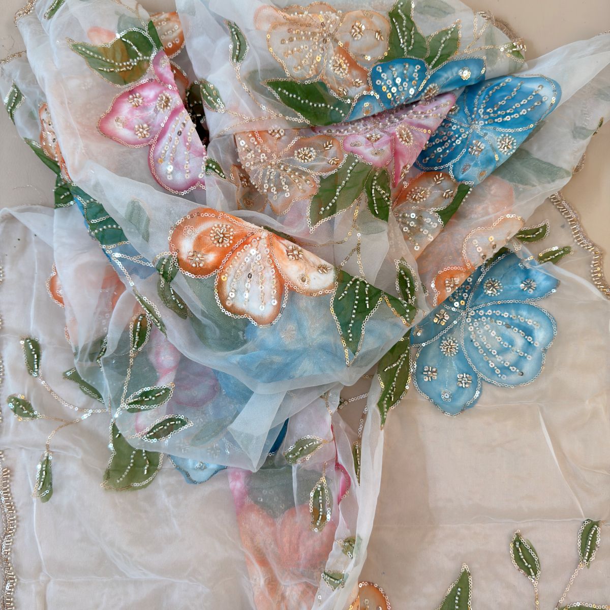 White Floral Sequin Embroidery Organza Dupatta
