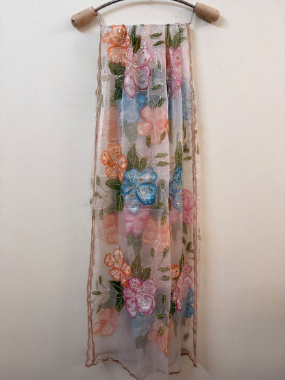 White Floral Sequin Embroidery Organza Dupatta