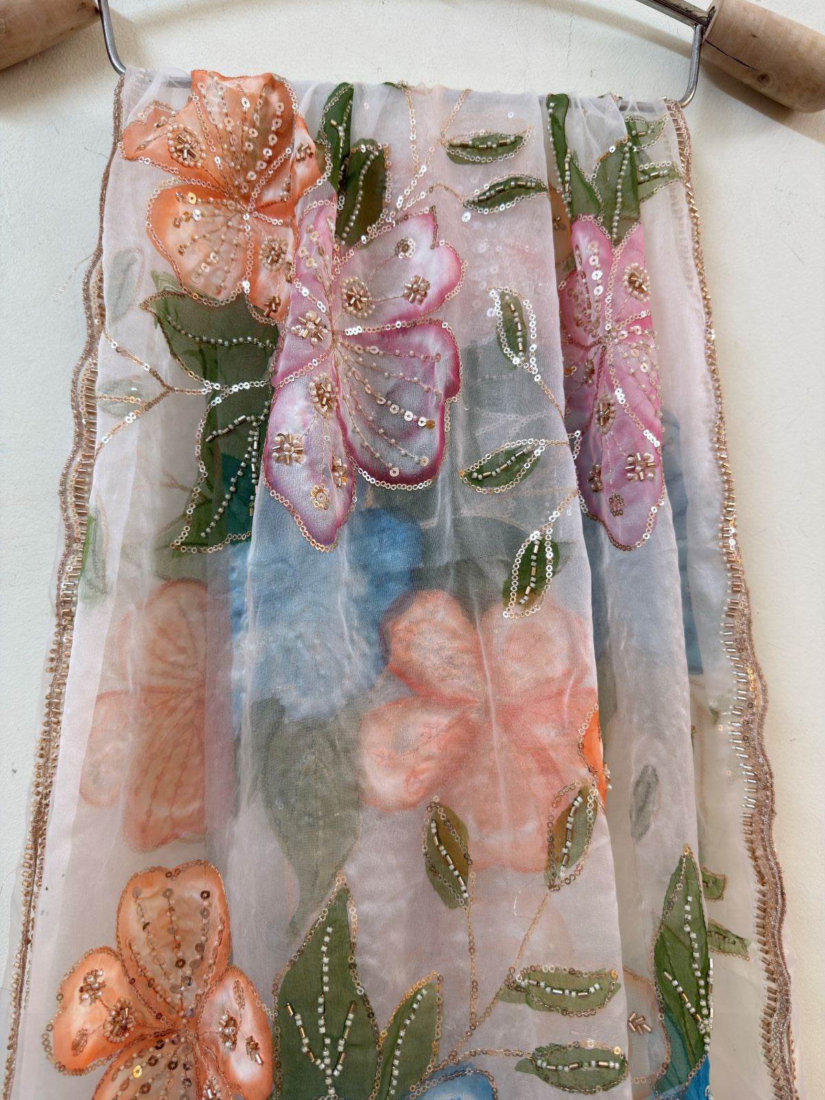White Floral Sequin Embroidery Organza Dupatta