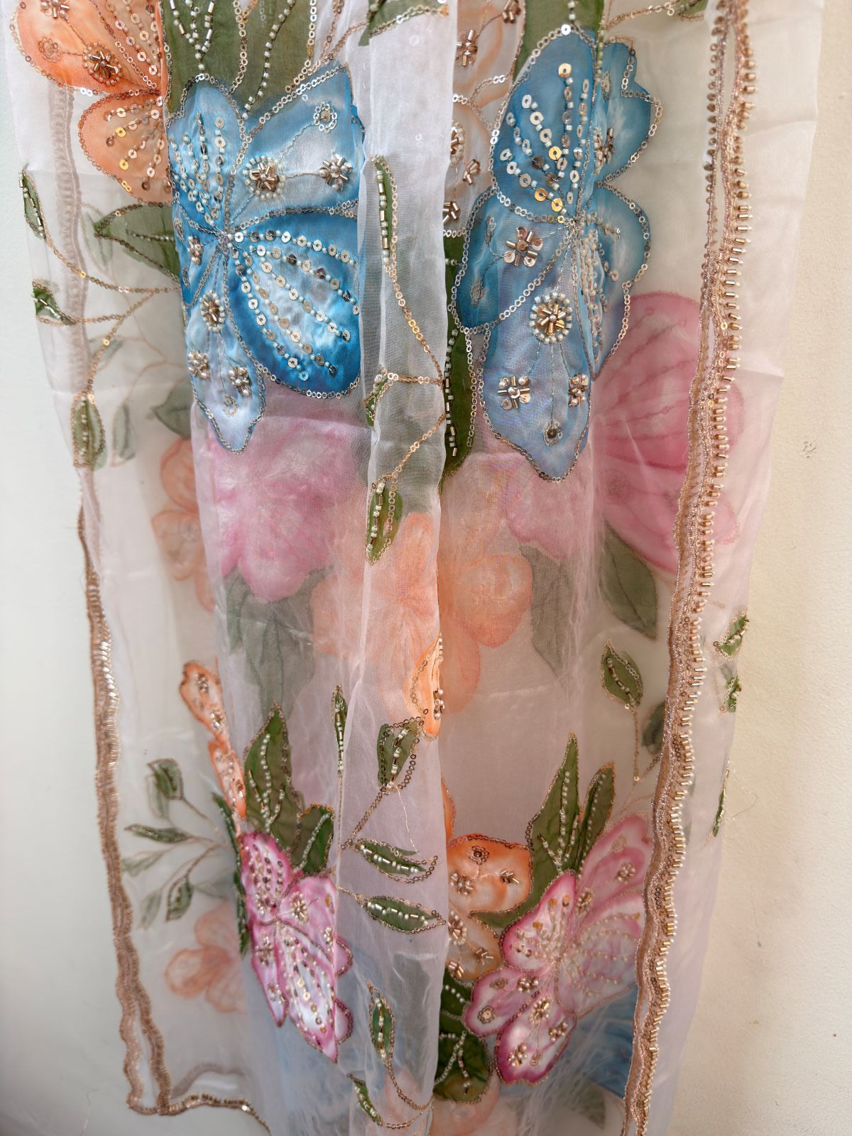 White Floral Sequin Embroidery Organza Dupatta