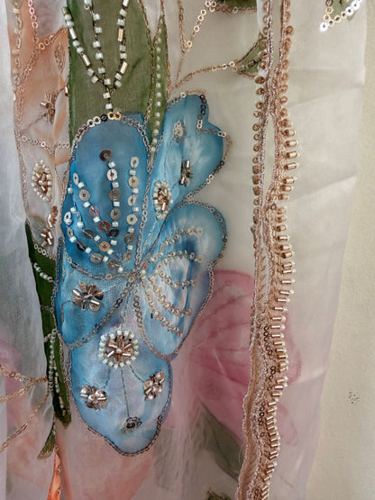 White Floral Sequin Embroidery Organza Dupatta