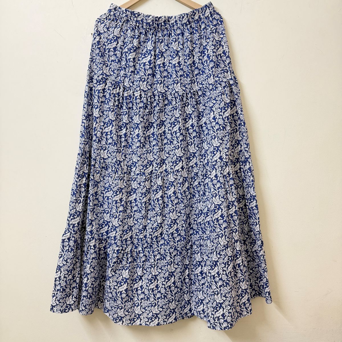 Blue & White Block Print Tiered Maxi Skirt