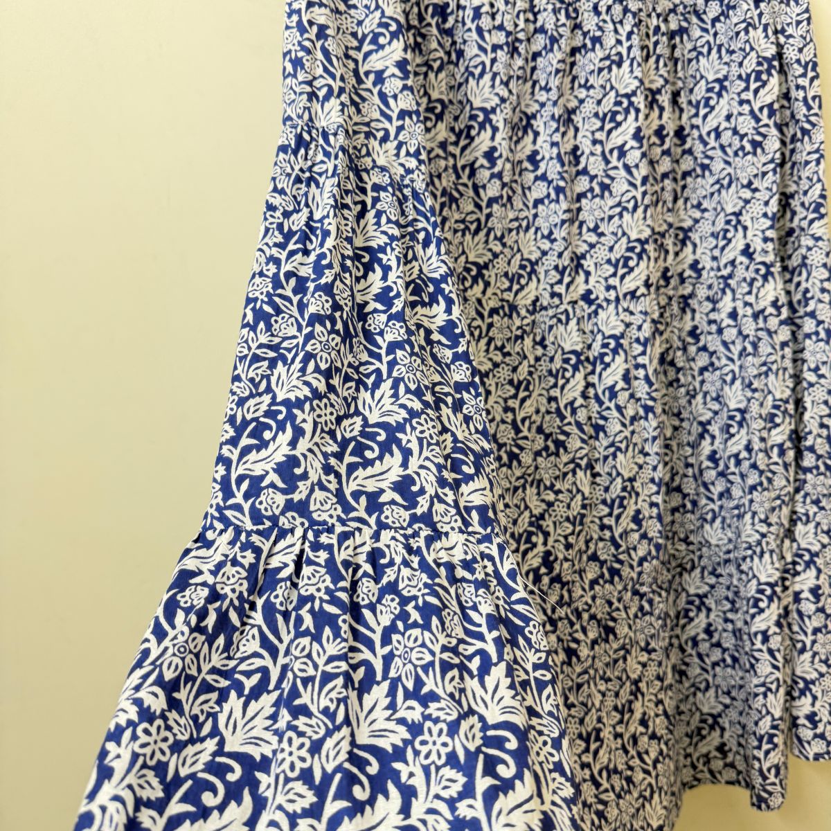 Blue & White Block Print Tiered Maxi Skirt